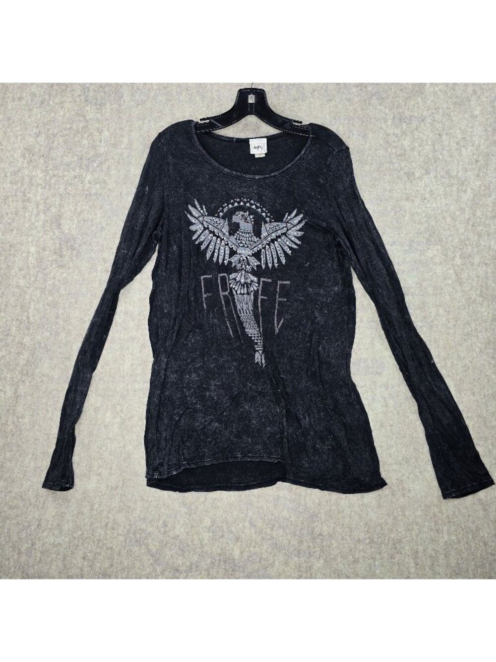 Daytrip Womens Black Long Sleeve Top Medium Rayon Blend Graphic Y2k